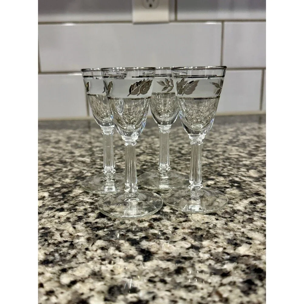 4 LIBBEY SILVER LEAF CORDIAL SHOT GOBLETS FOOTED STEMMED